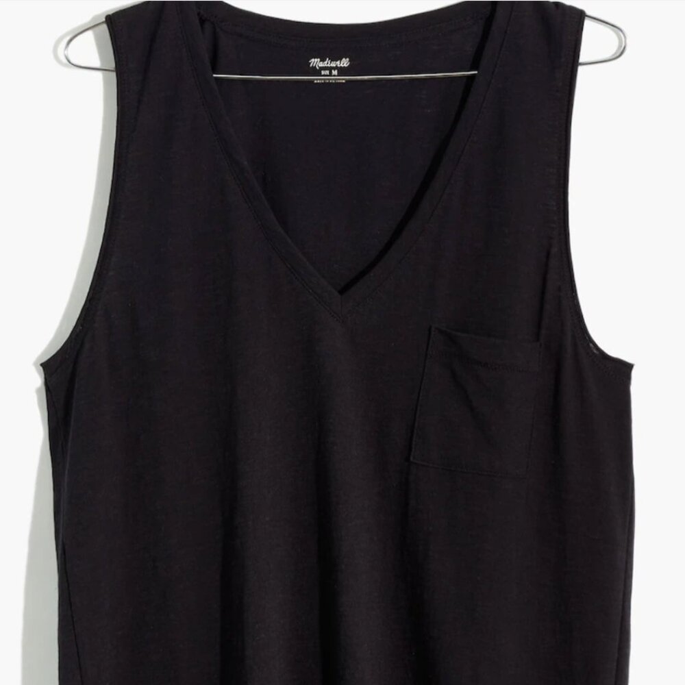 Madewell Whisper Cotton V-Neck Pocket Tank, sz XS, True Black